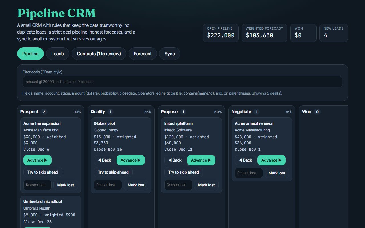 Pipeline CRM: deal board with stages